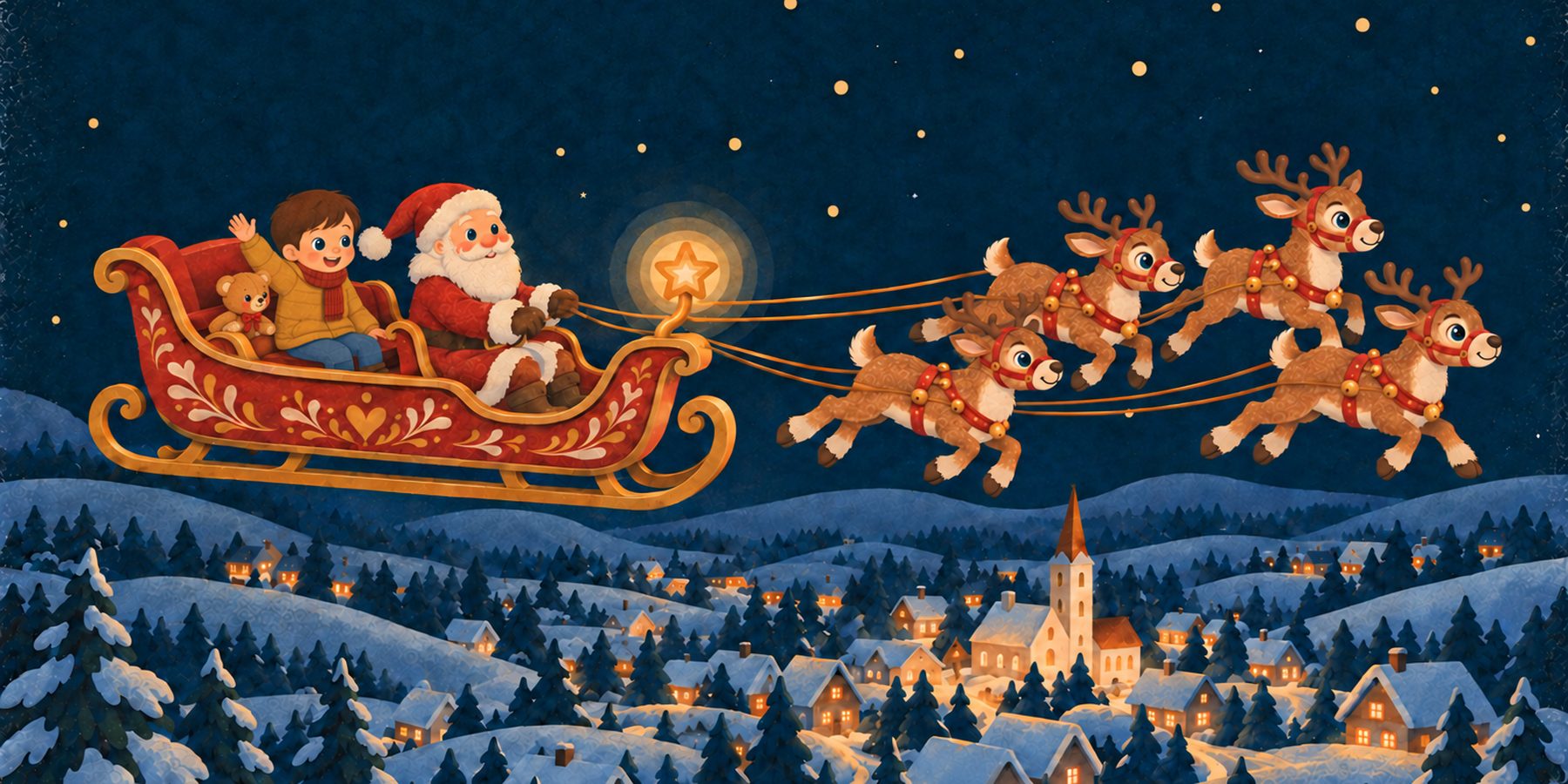 Ein Kind fliegt mit dem Teddy und dem Weihnachtsmann im Schlitten über eine verschneite Kleinstadt
