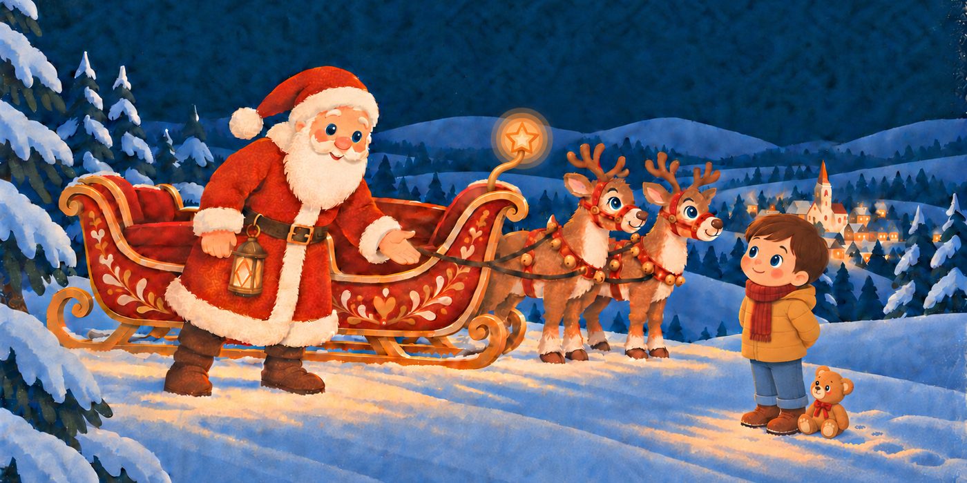 Der Weihnachtsmann steht neben seinem Schlitten und lächelt ein Kind mit Teddy an